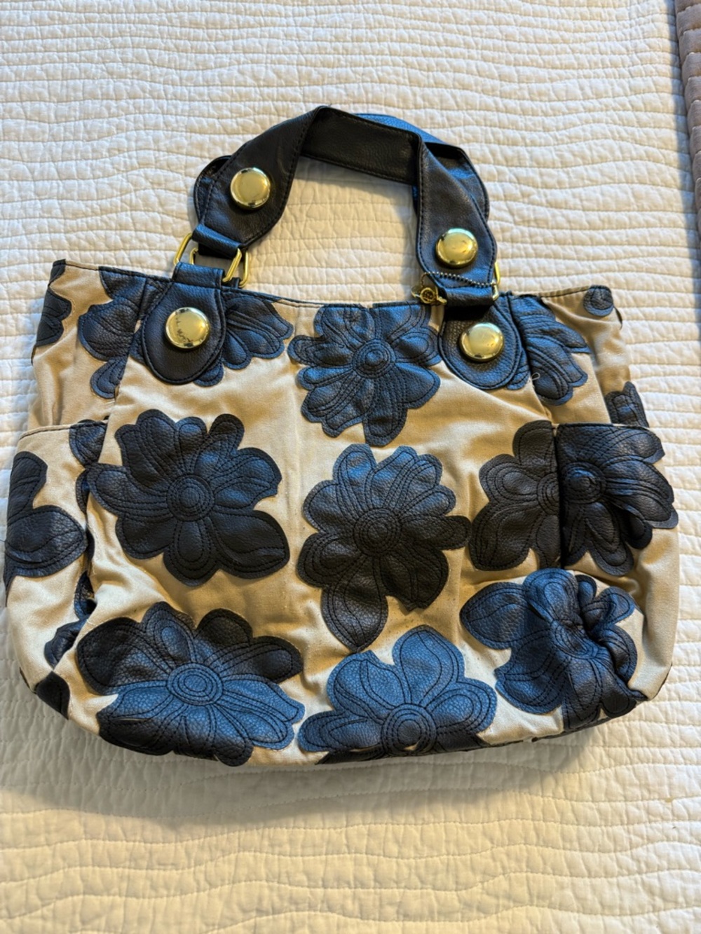 Big Buddha Shoulder Bag Faux Leather Flowers Beige Large Tote